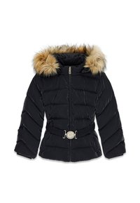 Giacca a vento nera con cappuccio foderato in pelliccia, dotata di chiusura con zip, design trapuntato e vita a cintura con un accento metallico circolare.
