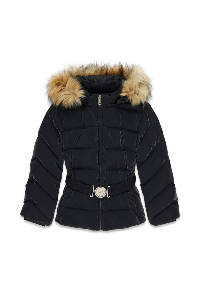 Giacca a vento nera con cappuccio foderato in pelliccia, dotata di chiusura con zip, design trapuntato e vita a cintura con un accento metallico circolare.