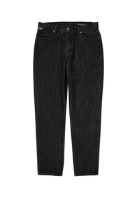 Jeans de mezclilla negra con corte recto, diseño de cinco bolsillos y cierre de botón metálico clásico. Textura suave con un sutil acabado desgastado.