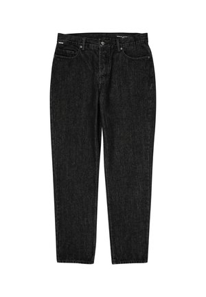 Zwarte denim jeans met een rechte snit, vijfzakkenontwerp en klassieke metalen knoopsluiting. Gladde textuur met subtiele vervaging.