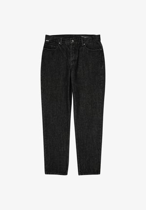 Jeans en denim noir avec une coupe droite, un design à cinq poches et une fermeture par bouton en métal classique. Texture lisse avec une finition légèrement décolorée.