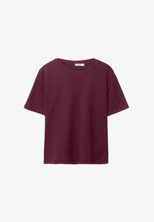 T-shirt bourgogne à manches courtes en coton doux. Présente un col rond classique et une coupe décontractée. Texture unie, sans motifs ni accents.
