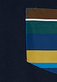 T-shirt con base blu navy e taschino a righe multicolori in marrone, verde, blu e giallo con cuciture a contrasto.