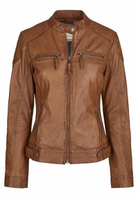 Braune Lederjacke mit hohem Kragen, Reißverschluss vorne, zwei Brusttaschen und aufwendigen Nähten an den Schultern und seitlich.
