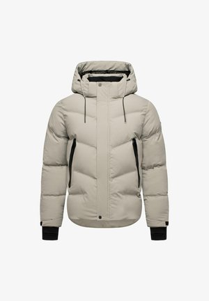 Hellgraue Pufferjacke mit Kapuze, gestepptem Design, Reißverschlusstaschen und schwarzen Akzenten an den Bündchen und an den Seiten. Mit Druckknopfverschluss an der Vorderseite.