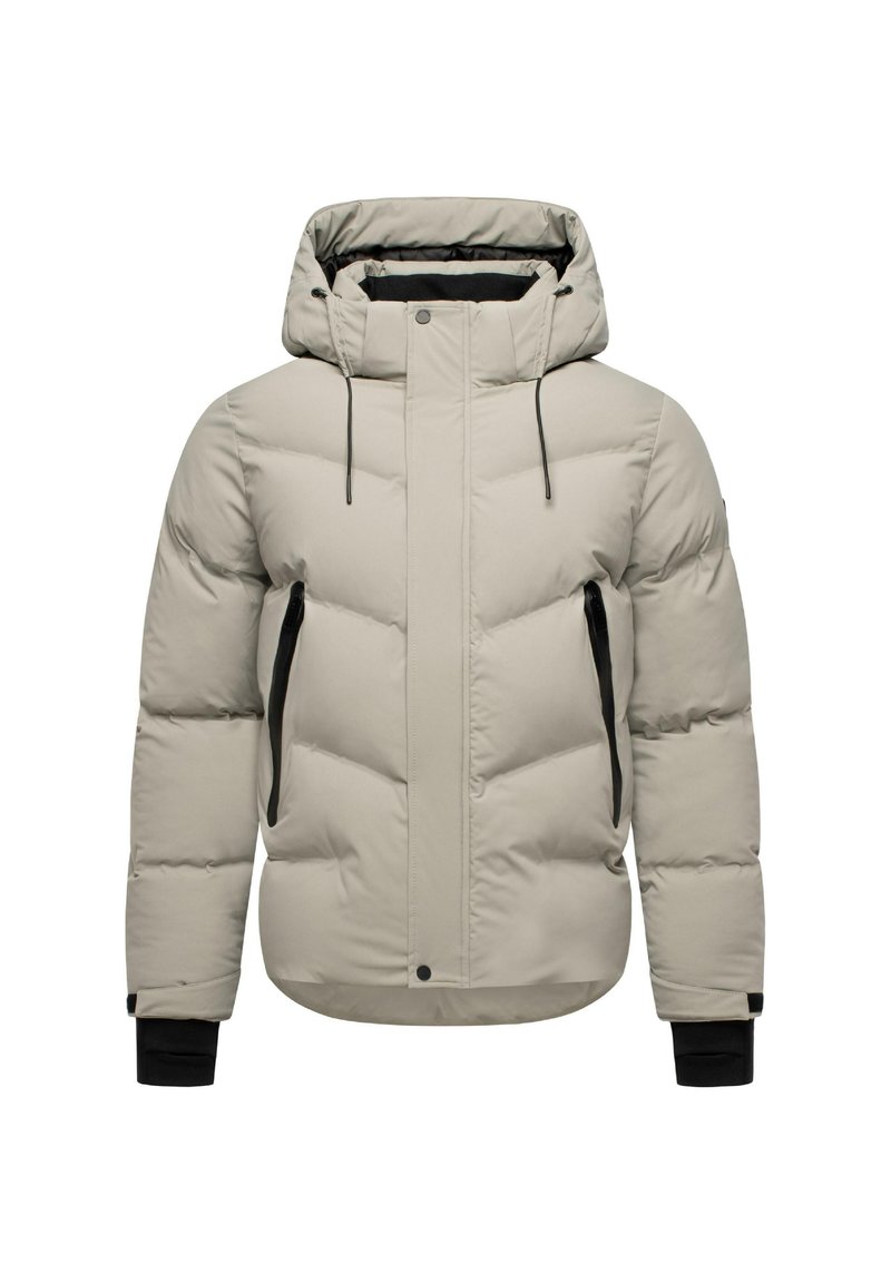Giubbotto imbottito grigio chiaro con cappuccio, design trapuntato, tasche con zip e dettagli neri ai polsini e ai lati. Presenta una chiusura a pressione frontalmente.