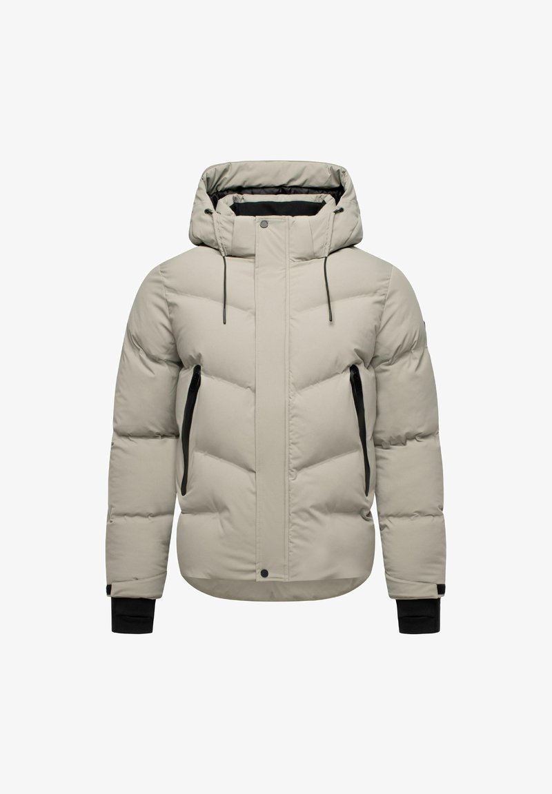 Giubbotto imbottito grigio chiaro con cappuccio, design trapuntato, tasche con zip e dettagli neri ai polsini e ai lati. Presenta una chiusura a pressione frontalmente.