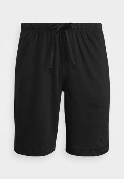 Shorts noirs en tissu doux, dotés d'une taille élastique avec cordon de serrage, et d'une coupe ajustée pour un ajustement décontracté.