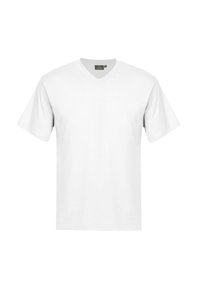 T-shirt bianco in cotone a V con maniche corte; texture liscia; senza motivi o dettagli; vestibilità standard. Design semplice adatto per l'abbigliamento casual.