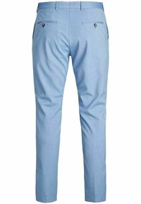 Ljusblå kostymbyxor med en slät textur, smal passform och två bakfickor med cirkulära detaljer.