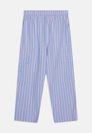 Lightweight, relaxed-fit trousers in blue and pink stripes. Features an elastic waistband and two side pockets. Casual design and texture.