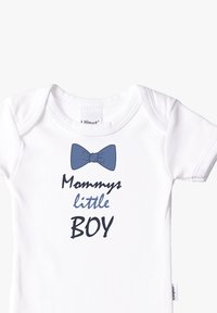 White bodysuit with short sleeves, featuring a blue bow graphic and the text "Mommy's little BOY" in black and blue lettering.