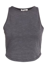 Haut court gris côtelé sans manches avec encolure ronde et détails de couture subtils, présenté sur un fond blanc.