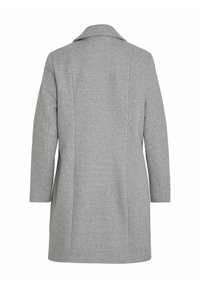 Manteau en laine gris clair longueur genou avec manches longues et col cranté, montré de dos sur fond blanc.