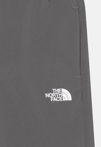 Pelēki šorti, kas izgatavoti no viegla materiāla, ar balto "The North Face" logo apakšējā kreisajā pusē. Gluda tekstūra, minimāls dizains.