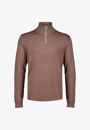 Pullover marrone a maniche lunghe con collo alto a coste e una corta cerniera argentata all'altezza del collo.