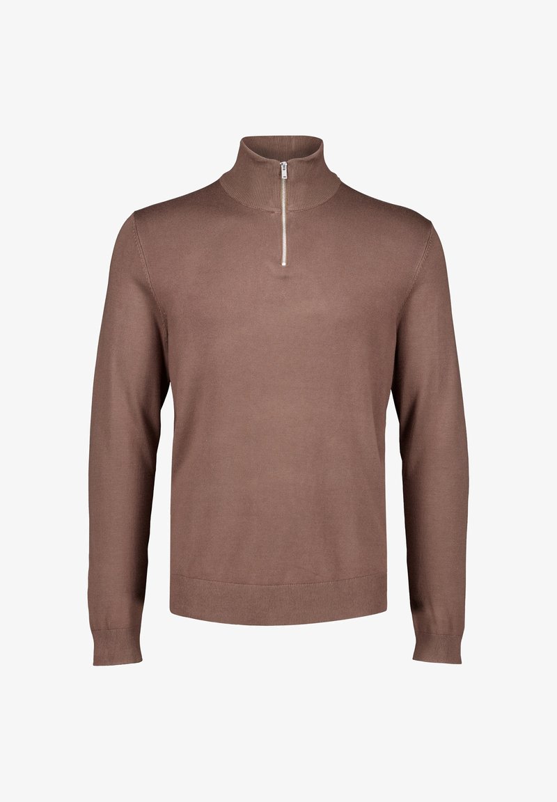 Pullover marrone a maniche lunghe con collo alto a coste e una corta cerniera argentata all'altezza del collo.