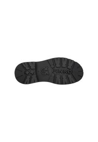 Suola di scarpa in gomma nera con un motivo di battistrada testurizzato, logo del marchio al centro e forma arrotondata per maggiore stabilità.