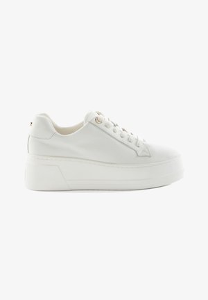 White platform sneakers made of textured leather, with flat laces, round toe, and minimalistic design. Features subtle gold accents on eyelets.