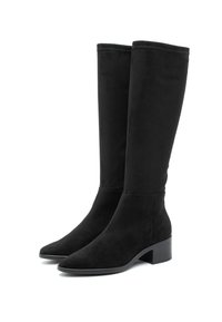 Mustad nahast põlvekõrgused saapad terava varbaga ja madala plokkkontsaga. Sile tekstuur ja minimaalne õmbluse aktsent.