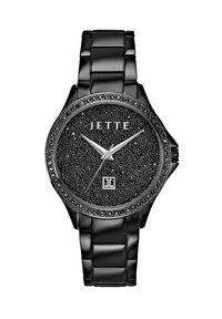 Schwarze Armbanduhr mit strukturiertem Zifferblatt, Kristallakzenten und einem glatten schwarzen Metallarmband. Verfügt über silberne Zeiger und den Markennamen "JETTE."