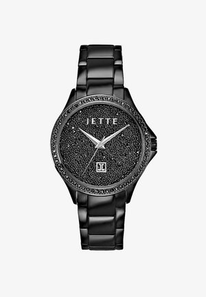 Schwarze Armbanduhr mit strukturiertem Zifferblatt, Kristallakzenten und einem glatten schwarzen Metallarmband. Verfügt über silberne Zeiger und den Markennamen "JETTE."