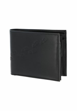 Portefeuille en cuir noir bifold avec une trace diagonale embossée d'empreintes de bottes sur le devant, légèrement ouvert sur fond blanc.