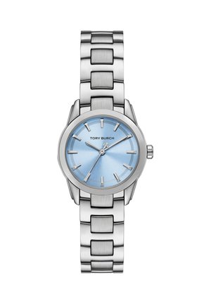 Sølvmetal armbåndsur med lyseblåt urskive, sølv timeindikatorer og "Tory Burch"-logo i midten.
