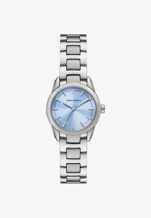 Sølvmetal armbåndsur med lyseblåt urskive, sølv timeindikatorer og "Tory Burch"-logo i midten.