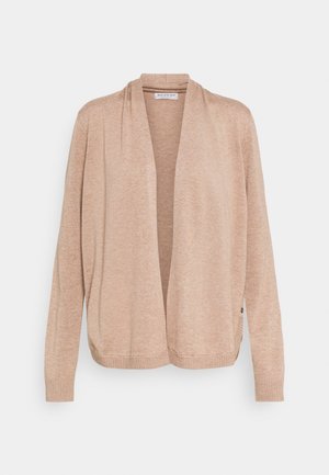 Cardigan beige à ouverture devant, manches longues et poignets côtelés, en tissu tricoté doux.