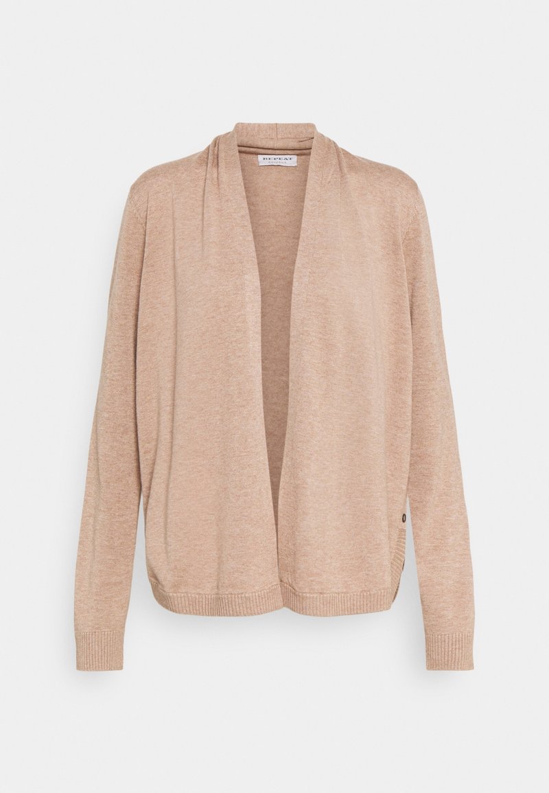 Cardigan beige à ouverture devant, manches longues et poignets côtelés, en tissu tricoté doux.