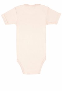Short-sleeved baby bodysuit in light pink, made of soft cotton fabric. Features a round neck and snap closures at the bottom.