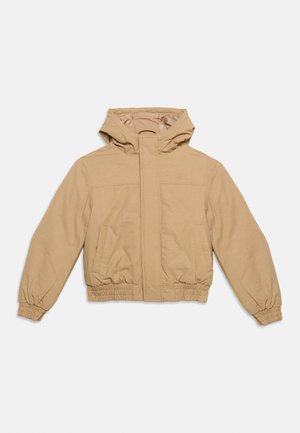 Giacca beige con cappuccio, maniche lunghe, polsini ed orlo elasticizzati, tasche frontali e cerniera frontale nascosta.