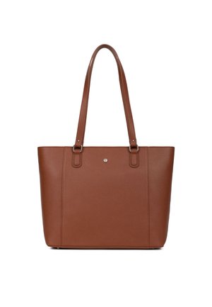 Sac fourre-tout en cuir marron avec deux poignées, texture lisse, design minimaliste, avec un petit détail en métal sur le devant.