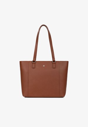 Sac fourre-tout en cuir marron avec deux poignées, texture lisse, design minimaliste, avec un petit détail en métal sur le devant.