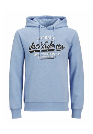 Light blue cotton hoodie with a front pocket, drawstring hood, and black text graphics saying "Superior Jack & Jones" and "Fine Cotton Garments."
