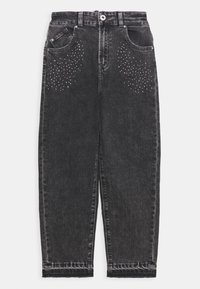 Černé džínové kalhoty s volným, rovný střihem. Obsahují třpytivé ozdobné nýty na předních kapsách a standardní design s pěti kapsami.