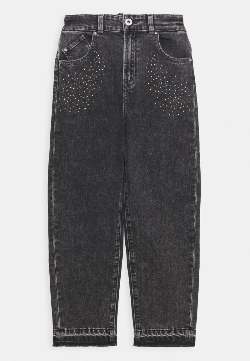 Černé džínové kalhoty s volným, rovný střihem. Obsahují třpytivé ozdobné nýty na předních kapsách a standardní design s pěti kapsami.