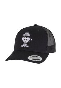 Casquette noire à visière plate avec un dos en mesh, arborant un texte brodé blanc et un design de tasse de café en cartoon. Le texte indique : "Plus d'Espresso, moins de Dépresso."
