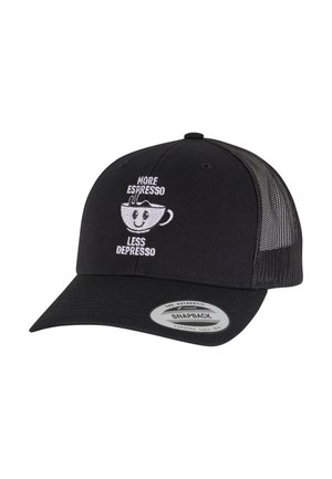 Black snapback hat with a mesh back, featuring white embroidered text and a cartoon coffee cup design. Text reads: "More Espresso, Less Depresso."