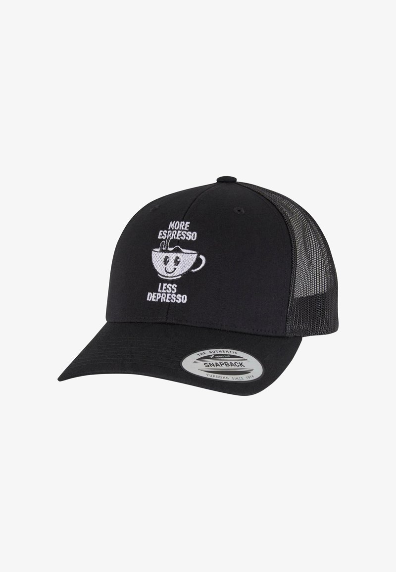 Black snapback hat with a mesh back, featuring white embroidered text and a cartoon coffee cup design. Text reads: "More Espresso, Less Depresso."