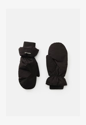 Mittens nere imbottite con polsini elastici, caratterizzate da una superficie liscia e un logo sul polso. Progettate per offrire calore e copertura.