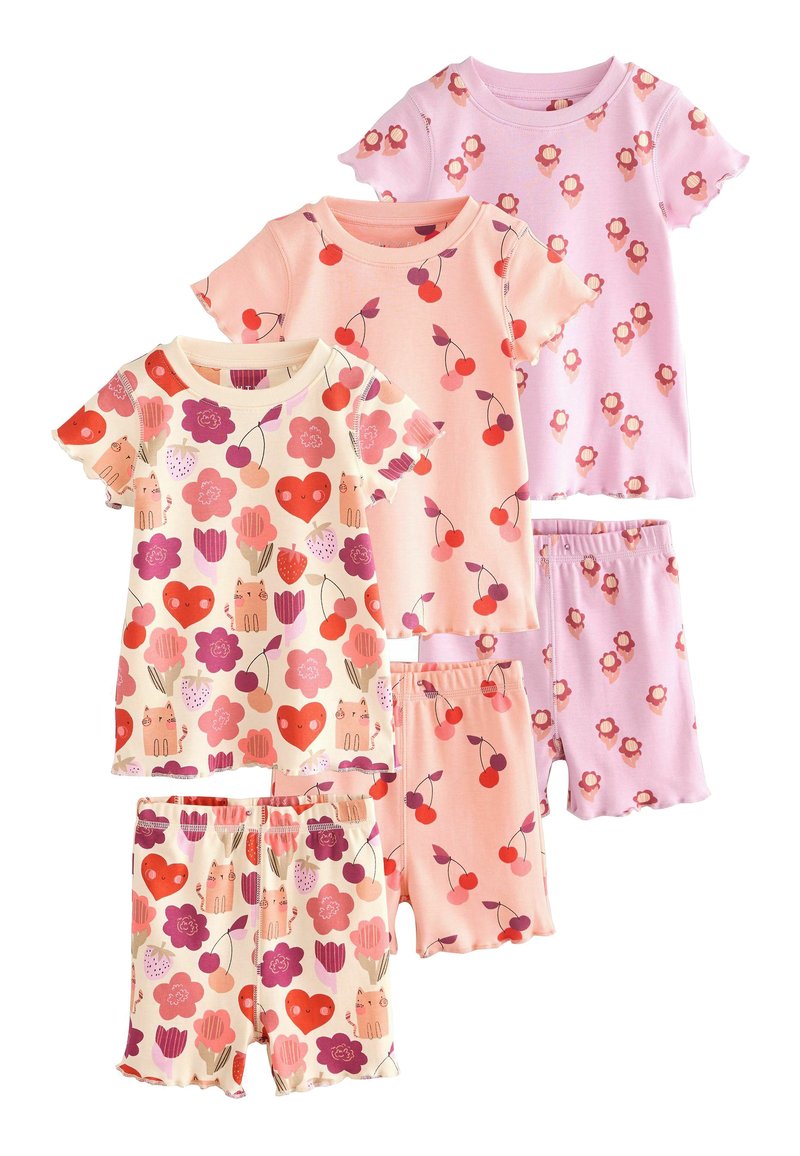 Set aus Kinderpyjamas mit Pastellfarben, Blumen- und Obstmustern, kurzen Ärmeln und passenden Shorts mit elastischem Bund.