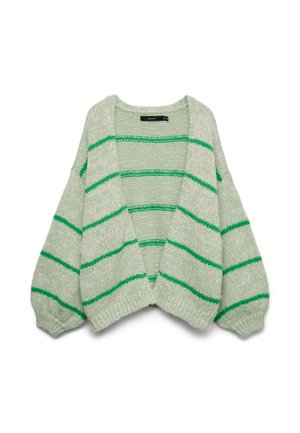 Light green knitted cardigan with wide sleeves and bright green horizontal stripes, open front, and ribbed cuffs and hem.