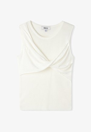 Weißes ärmelloses Top aus weichem Stoff, mit einem gedrehten Frontdesign und einem runden Halsausschnitt. Gerader Schnitt am Saum.