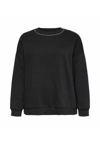 Svart genser i mykt stoff, med rund hals og en rad med sølvnitter ved kragen, samt ermer med avslappet passform.