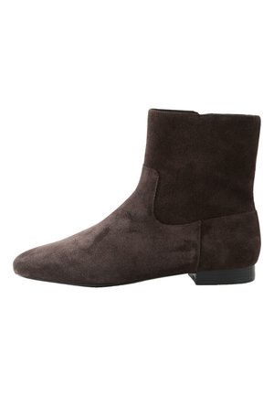 Dunkelbrauner Veloursleder-Stiefelette mit niedrigem Absatz, abgerundeter Spitze und seitlichem Reißverschluss.
