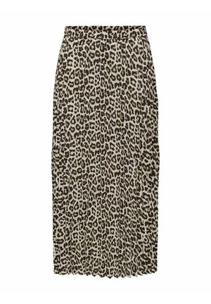 Middenlange geplooide rok met beige en donkerbruine luipaardprint en een elastische tailleband.