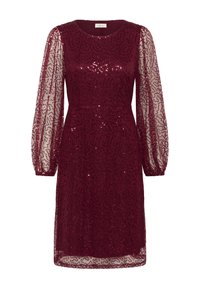 Rochie burgundy dintr-un material texturat cu paiete și mâneci bufante transparente. Decolteu rotund, de lungime medie, cu un corset ajustat și fustă vaporoasă.