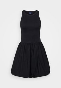 Musta mekko, jossa on istuva tank top -yläosa ja leveä, rypytetty hameosa. Valmistettu pehmeästä, joustavasta kankaasta, joka tuntuu sileältä.